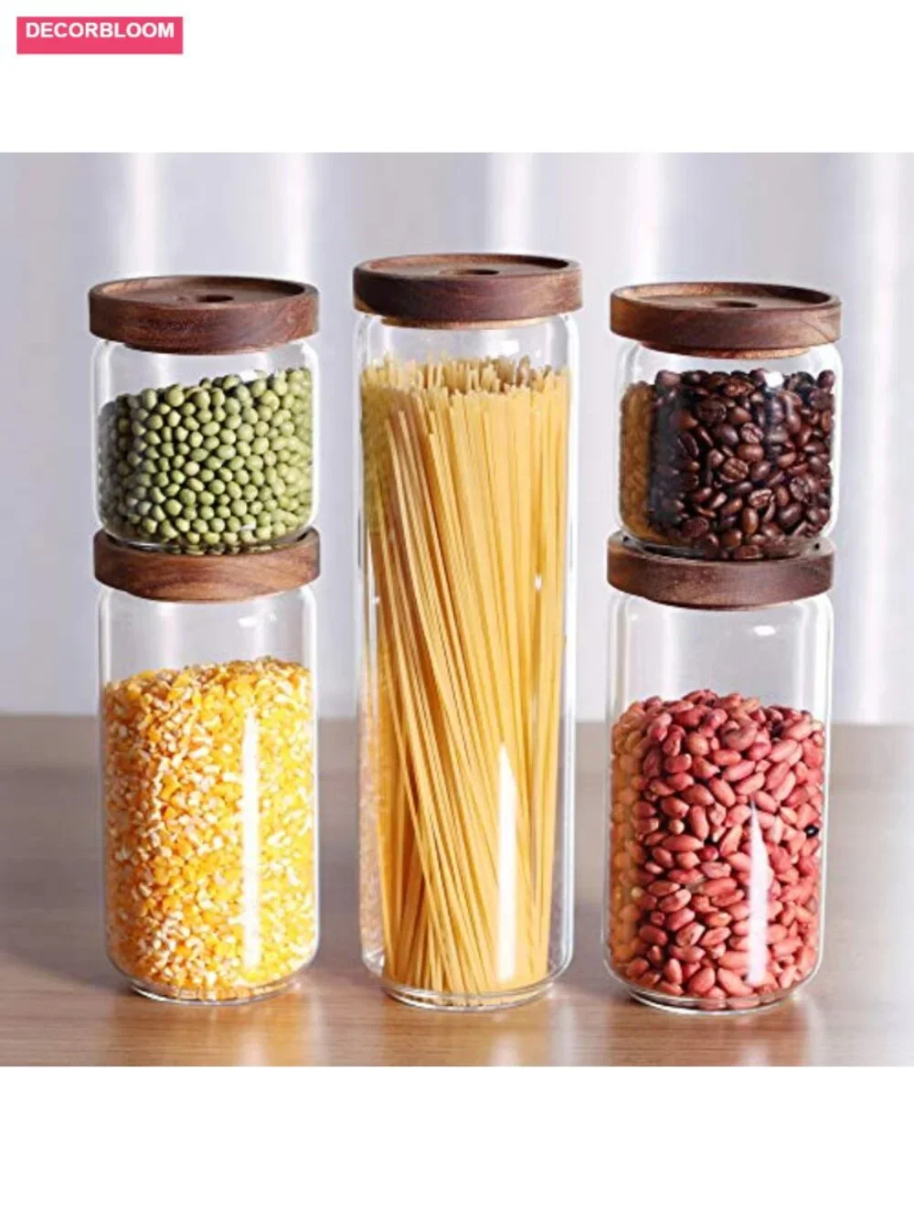 5-Piece Glass Canister Set with Airtight Acacia Wood Lids Kitchen Storage